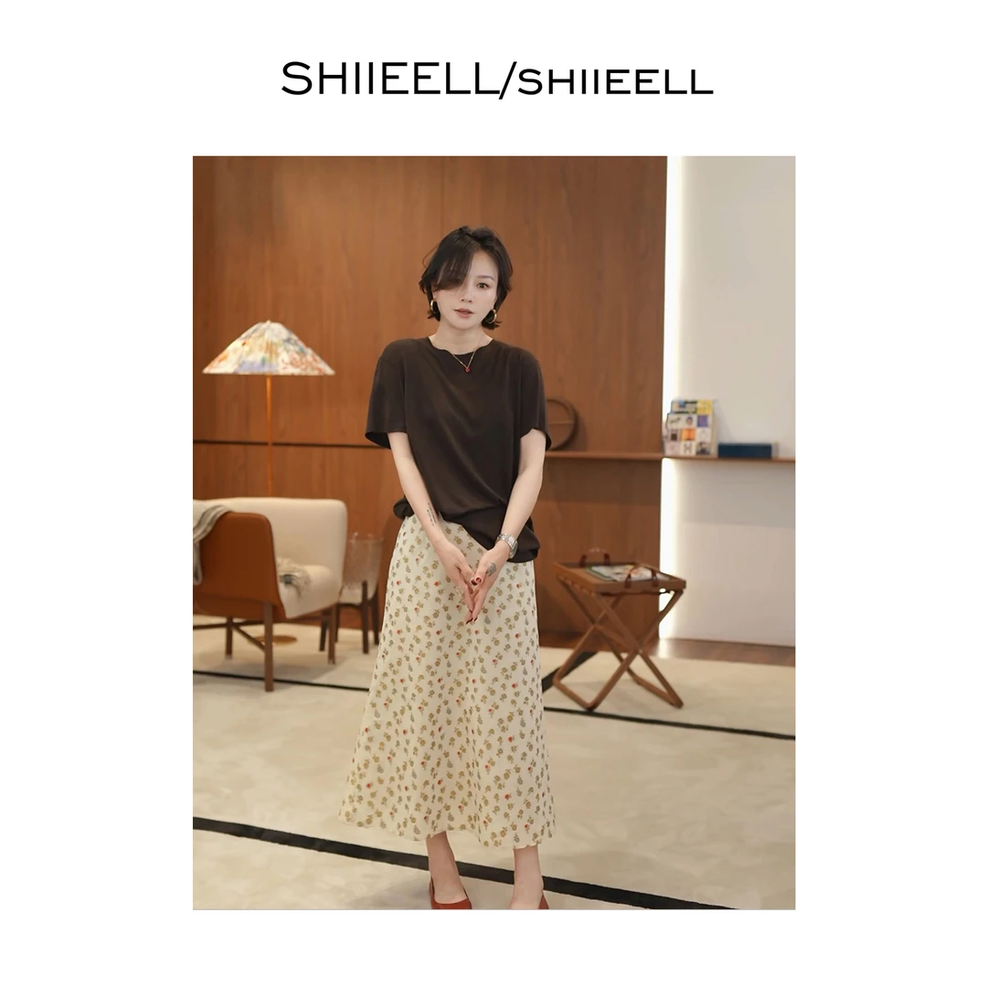 SHIIEELL 夏季出行咖色极简莱赛尔羊毛软糯圆领短袖T恤W0117
