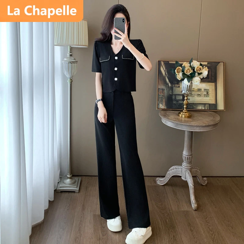 拉夏贝尔高级感洋气小香风套装气质黑色短袖纽扣上衣阔腿裤两件套