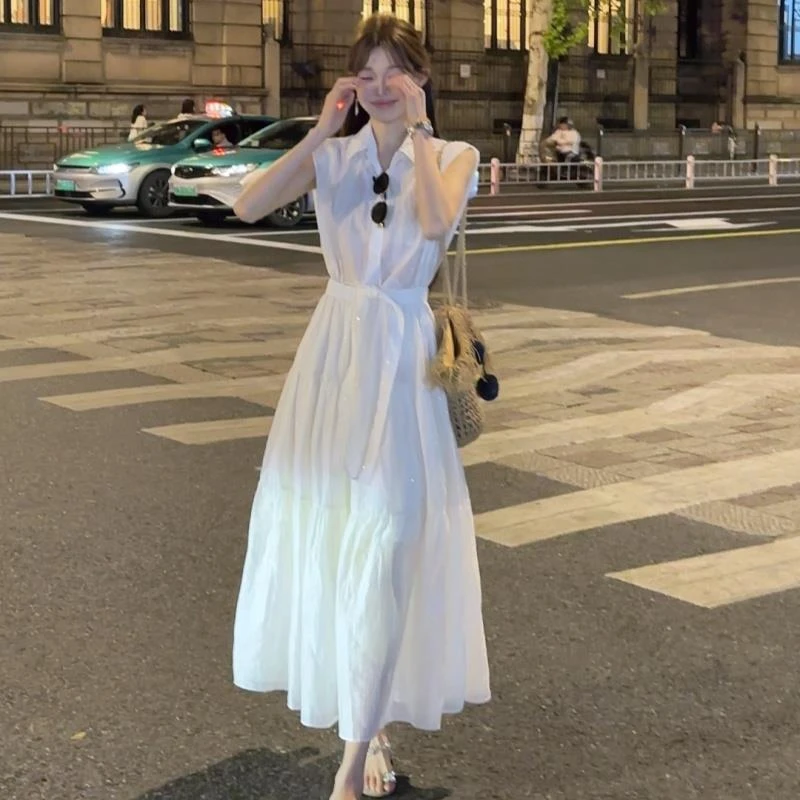 夏天新款通勤风法式无袖连衣裙气质收腰设计感小众显瘦衬衫长裙女