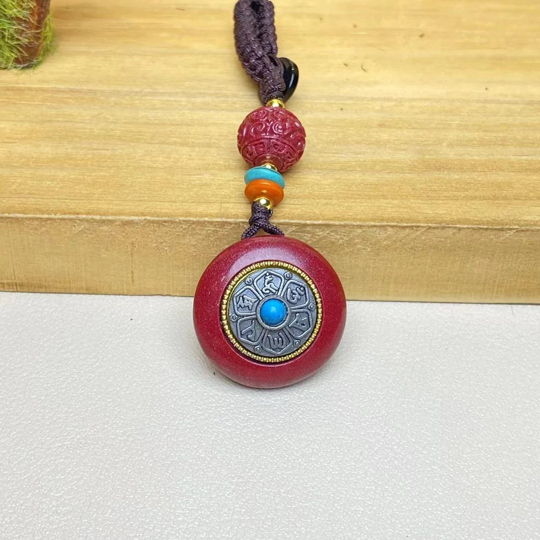 含辰砂工艺品保真高含量朱砂紫金砂设计款六字真言转盘钥匙扣保真
