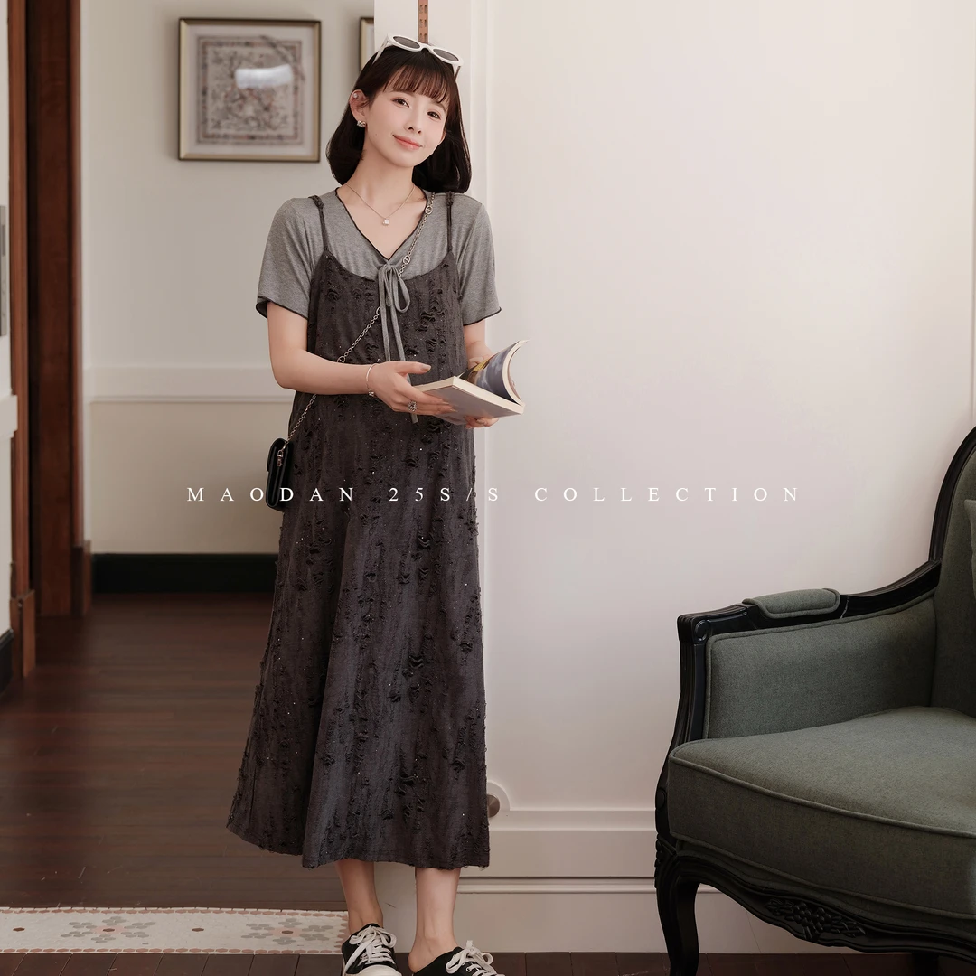 maodan/猫单【银河律动】孕妇套装2025新款夏装宽松洋气连衣裙两件.