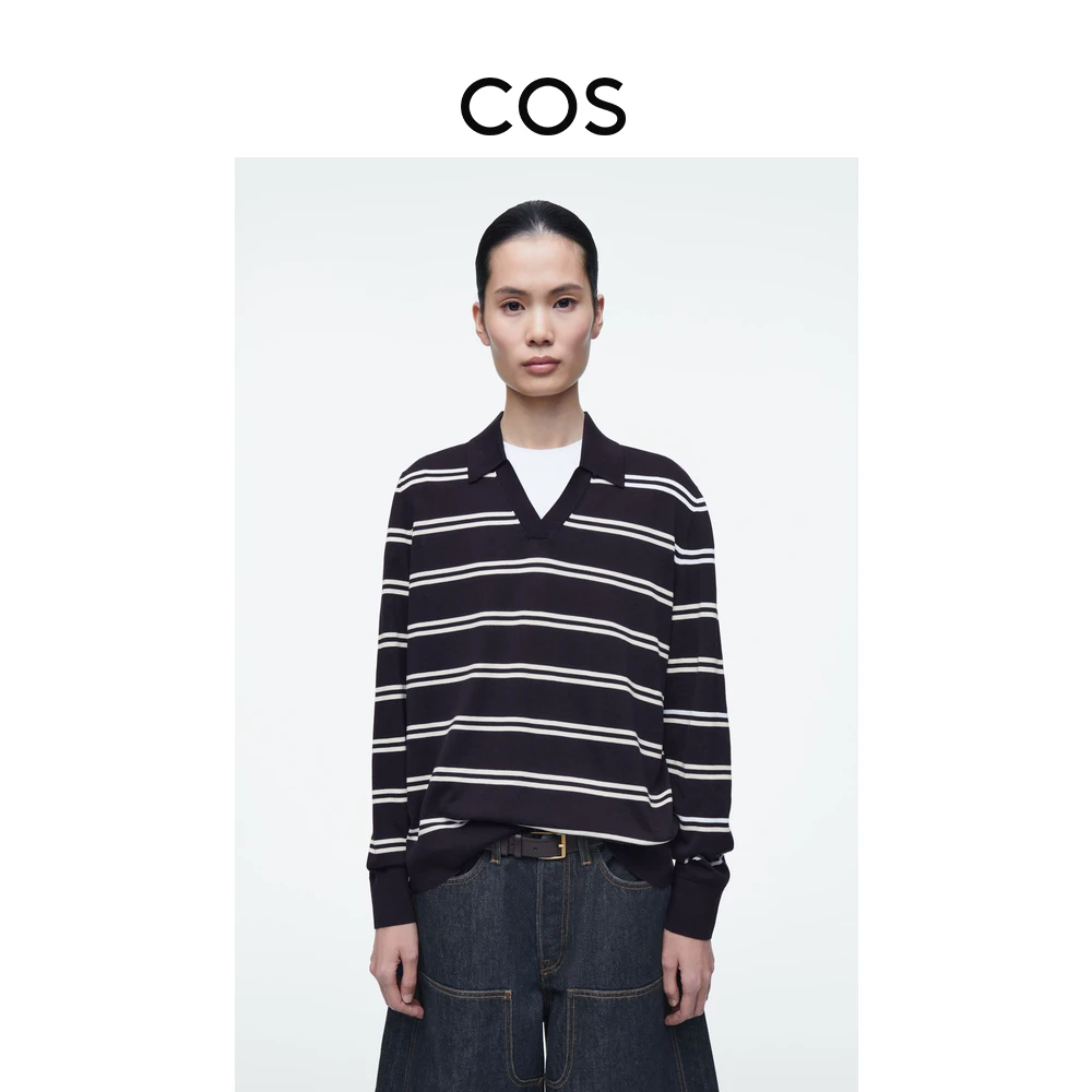 COS女装 标准版型针织POLO衫藏青色/条纹2025春季新品1271628002