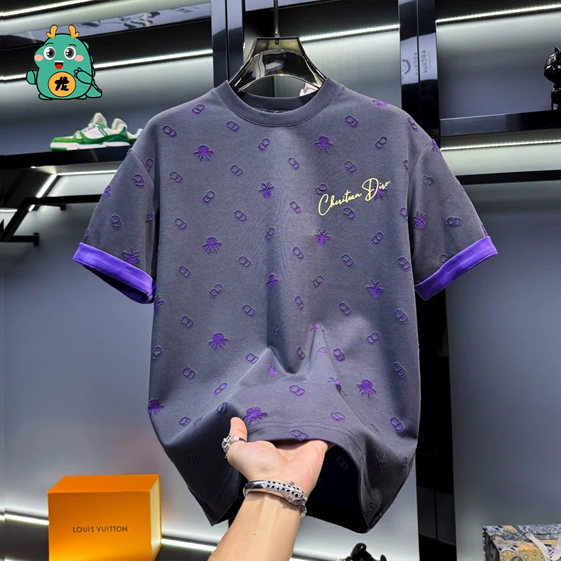 特大码300斤男女高端烧花蜜蜂短袖t恤夏季款潮牌宽松美式轻奢半袖