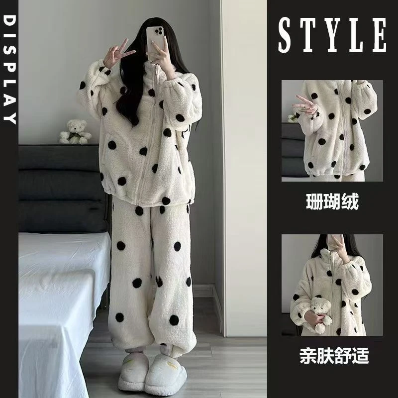 《专柜版》加绒波点抽绳巨厚睡衣冬季新款舒棉绒家居服套装保暖外穿
