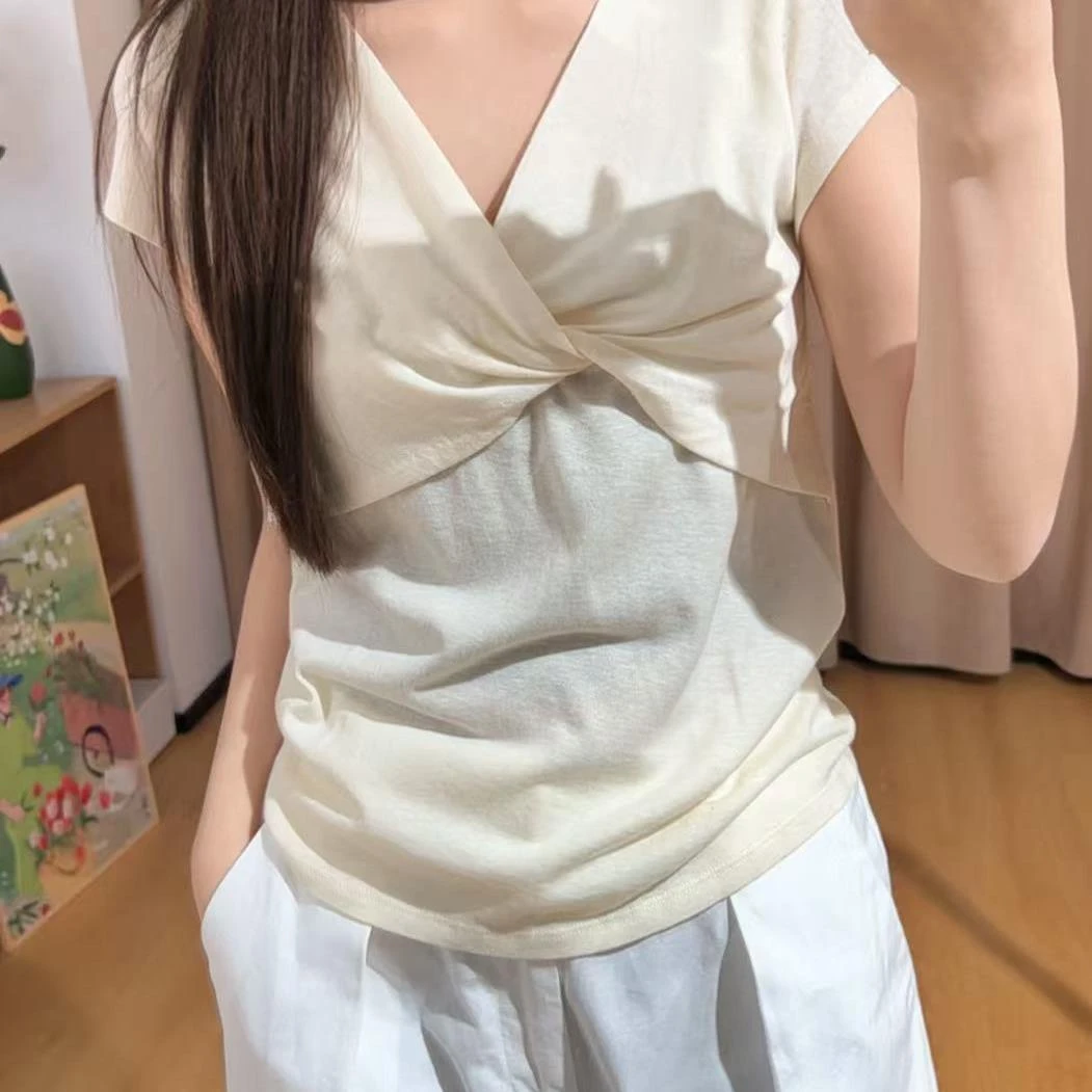 13484余小鱼【气质T】两色胸口扭结纯色圆领夏季休闲百搭T恤女装