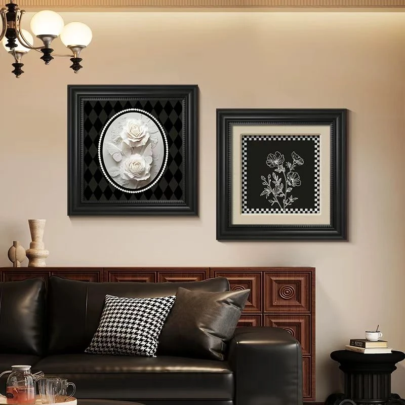 法式黑白高级感客厅装饰画中古风浮雕立体感餐厅壁画抽象花卉挂画