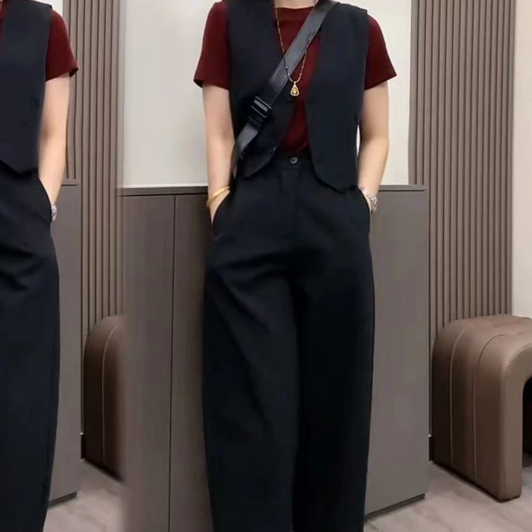 Y新款西装马甲拼接无袖上衣加高腰阔腿裤