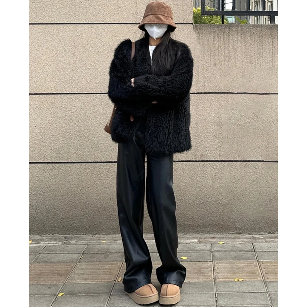 皮裤女秋冬2025新款直筒裤高级感高腰小个子mm大码拖地加绒阔腿裤