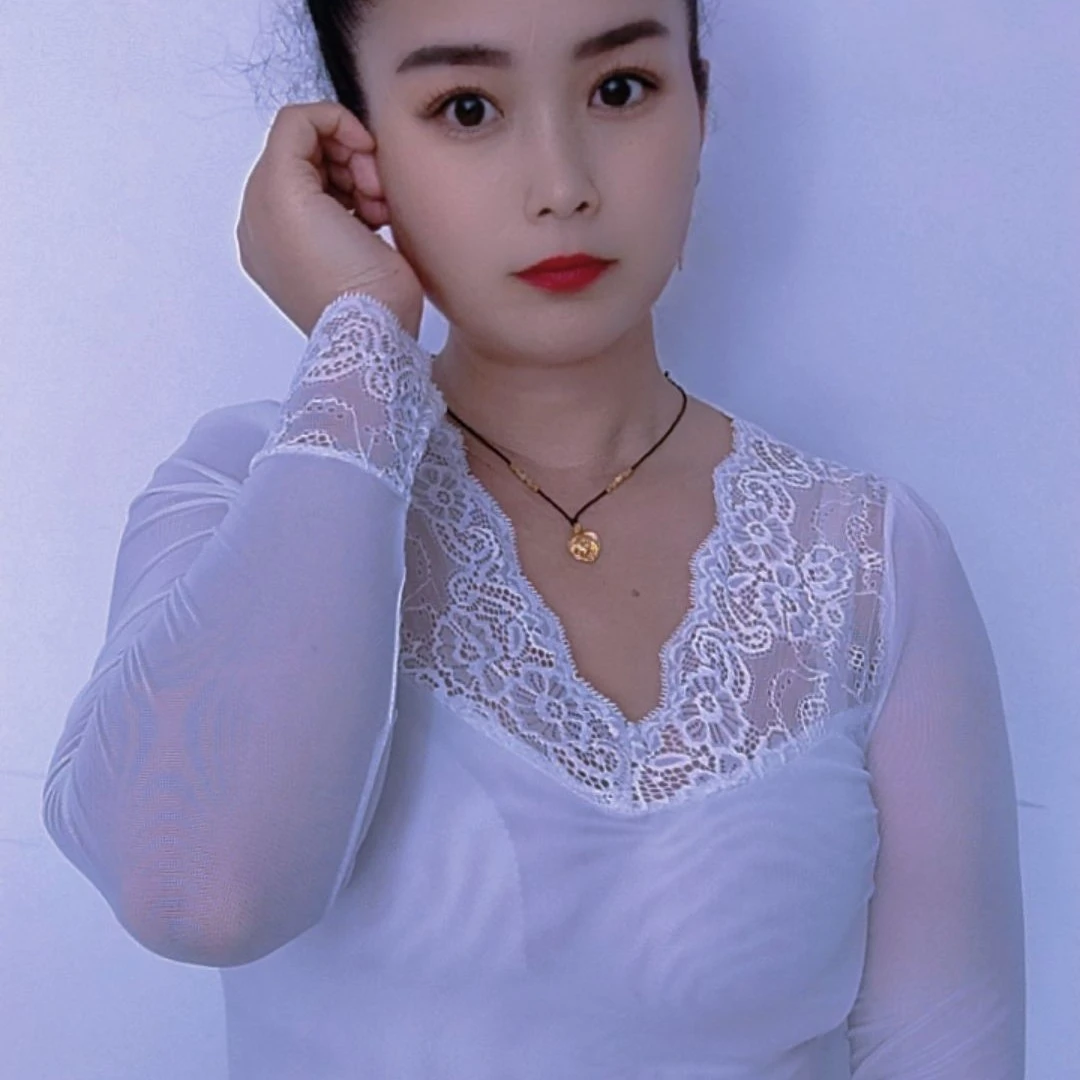 拼接蕾丝长袖常规V领修身型时尚