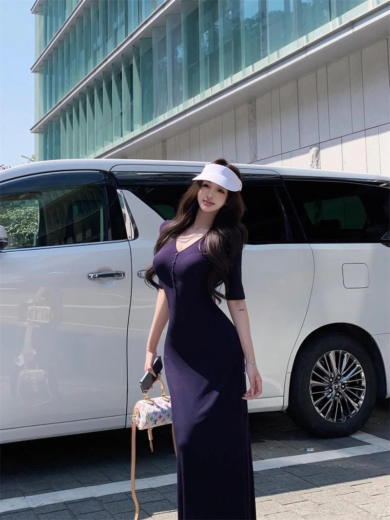 藏蓝色v领短袖连衣裙女纯欲修身鱼尾长裙显身材收腰包臀裙子