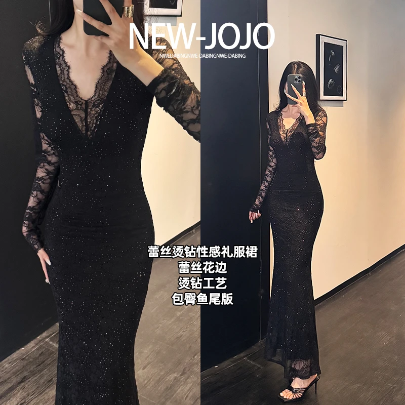 H0/F018蕾丝v领烫钻连衣裙显瘦收腰蕾丝花边鱼尾包臀裙礼服长裙