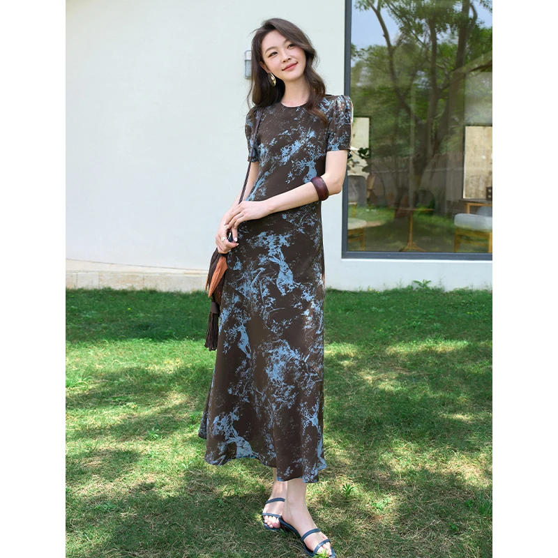 CKOUCCOO/扣蔻新中式复古晕染真丝连衣裙女高腰显瘦桑蚕丝长裙