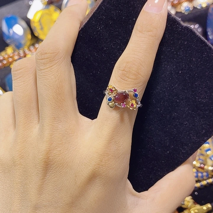 蓝珀银S925镶嵌珠宝奇石墨西哥红蓝戒指