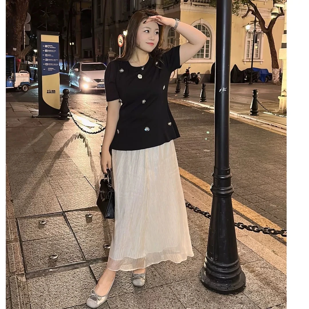 大码女装2025夏季新款韩系高级感泡泡袖赫本风花朵设计感半裙套装