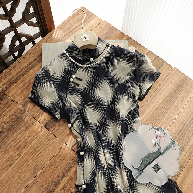 俏娘鱼2025年春夏新款复古改良新中式格子旗袍女日常可穿国风素雅