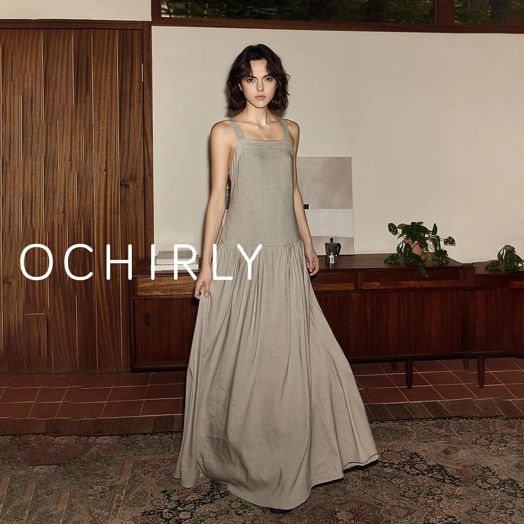 【商场同款】OCHIRLY欧时力亚麻吊带连衣裙中长裙露背绑带褶饰