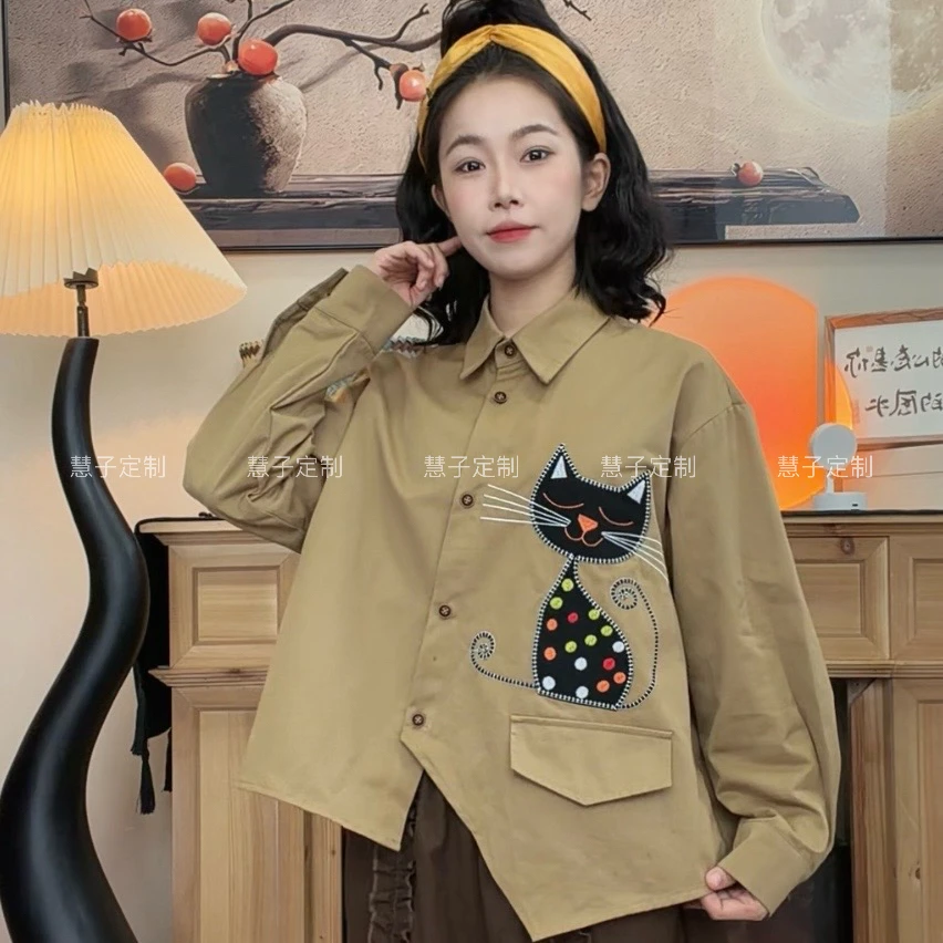 HZ“猫咪童话”秋冬刺绣系列之猫咪刺绣小众不规则创意门襟长袖衬衫