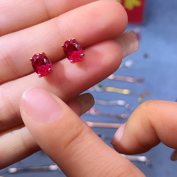 红宝石耳饰银S925镶嵌