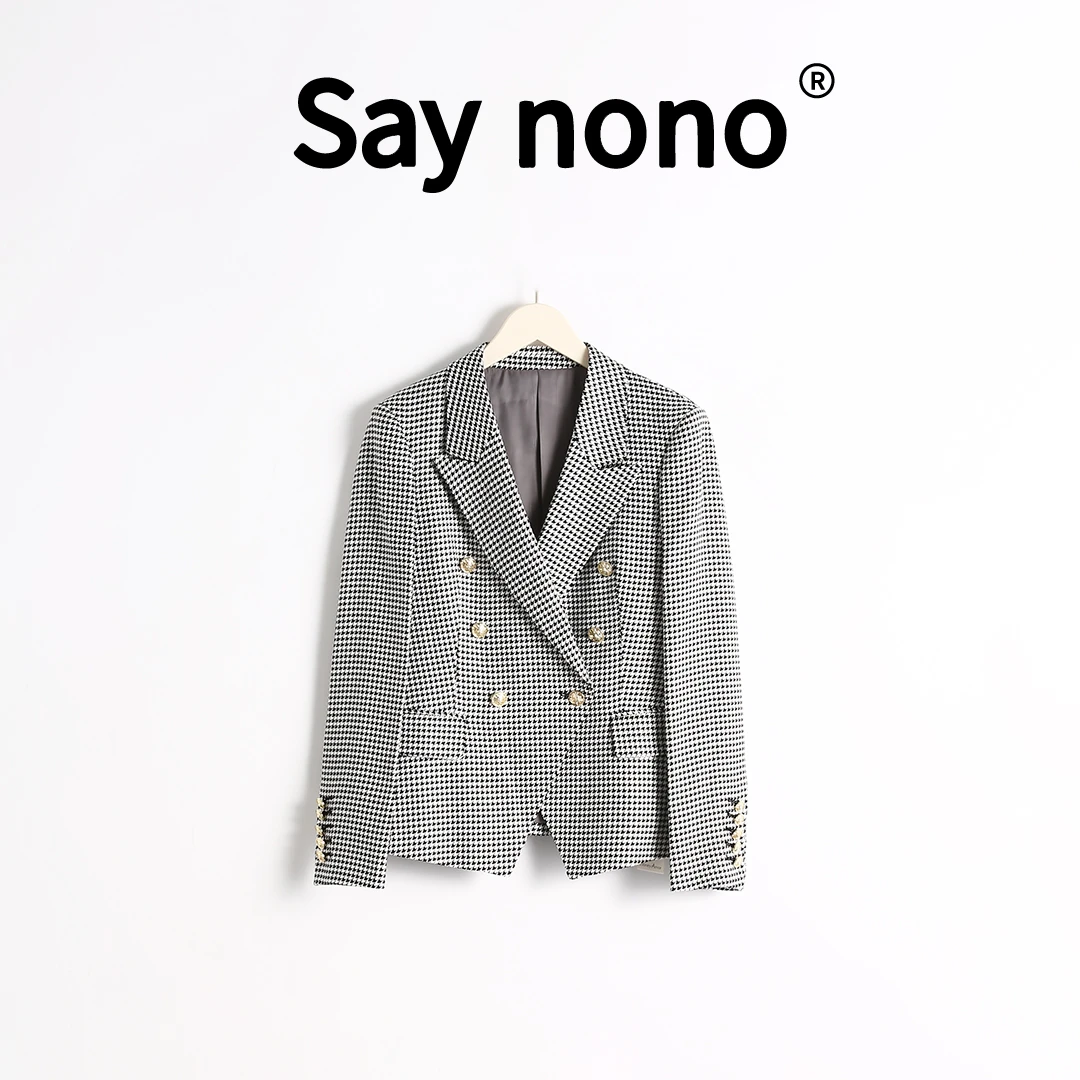 懒猫nono│Saynono ＿百搭修身休闲千鸟格双排扣西装外套/BLX221215