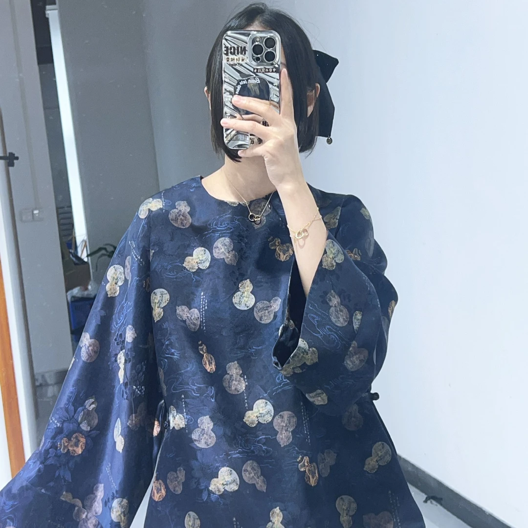 新中式桑蚕丝福禄寿大甩袖女秋季宽松慵懒风复古洋气上衣