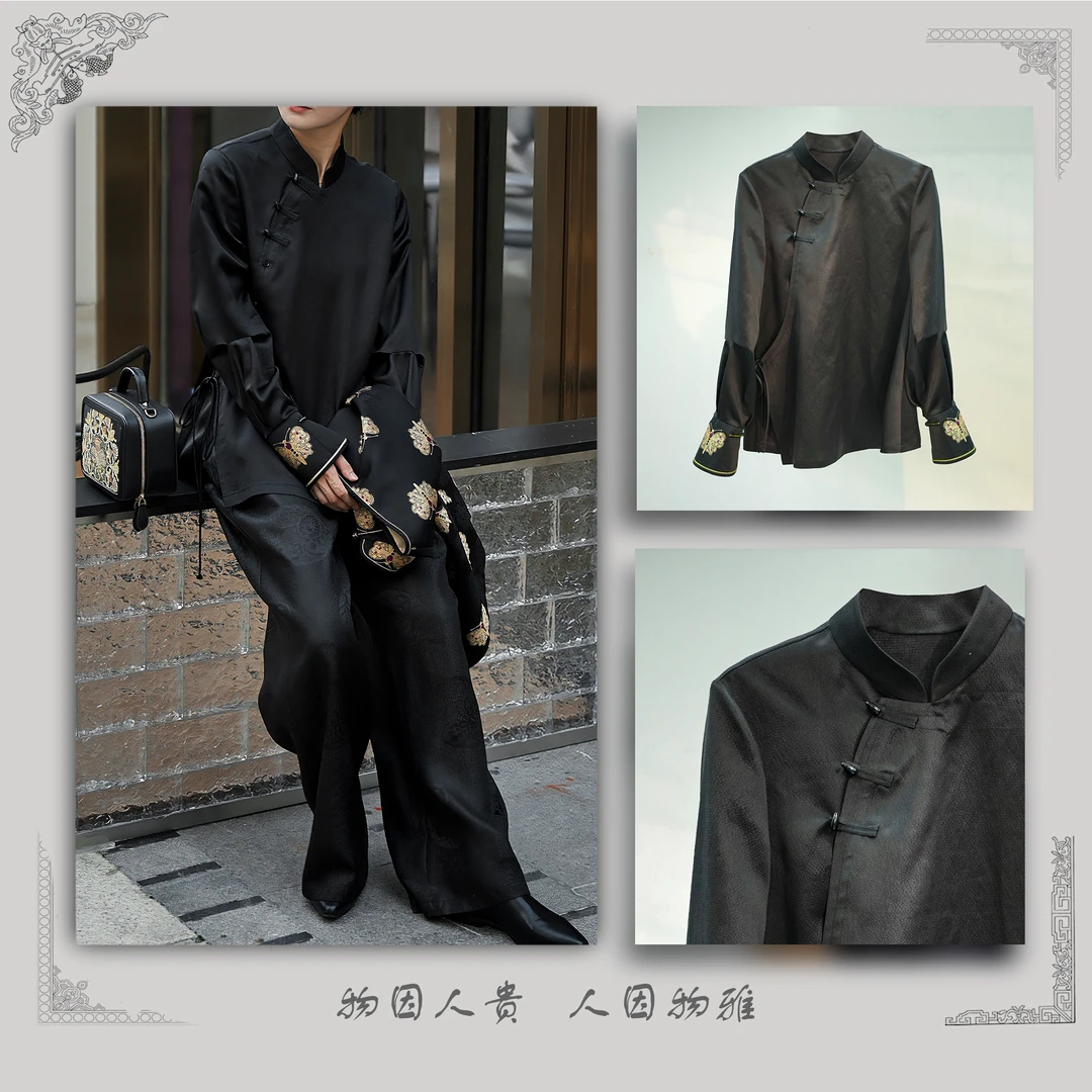 【蚁人创意】上久楷黑金蝴蝶宋锦香云纱拼接新中式上衣高冷酷飒女装