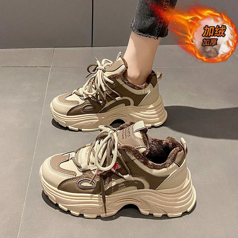 复古老爹鞋女2025秋冬季新款加绒保暖棉鞋显脚小厚底增高运动鞋女