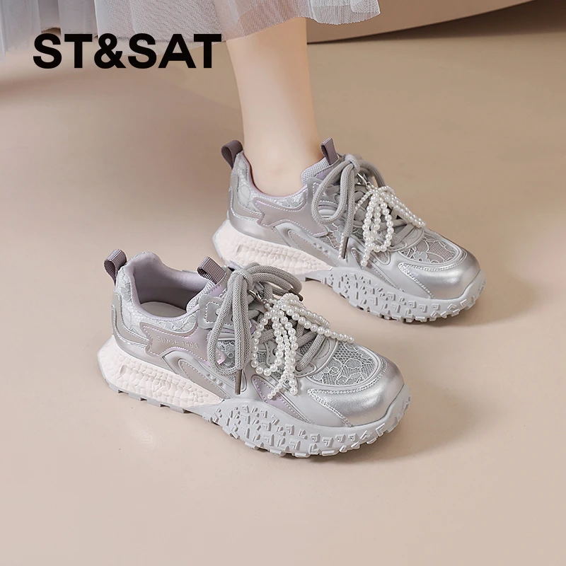 星期六百搭运动鞋女士2025新款夏季透气休闲鞋时尚厚底蕾丝网面鞋