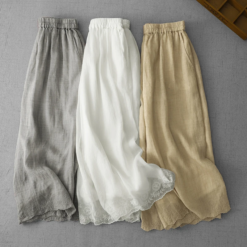 文艺大码小清新民族风花边刺绣七分裤阔腿裤百搭休闲高腰显瘦女裤