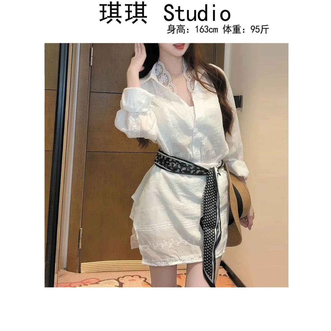 《琪琪家》夏季新款轻奢显瘦减龄蕾丝衬衫带丝带裙裤两件套5565-Y