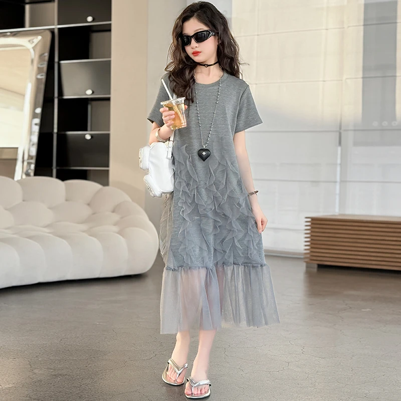 女童连衣裙夏装蕾丝气质洋气不规则网纱花边T恤裙中长款T韩版夏季