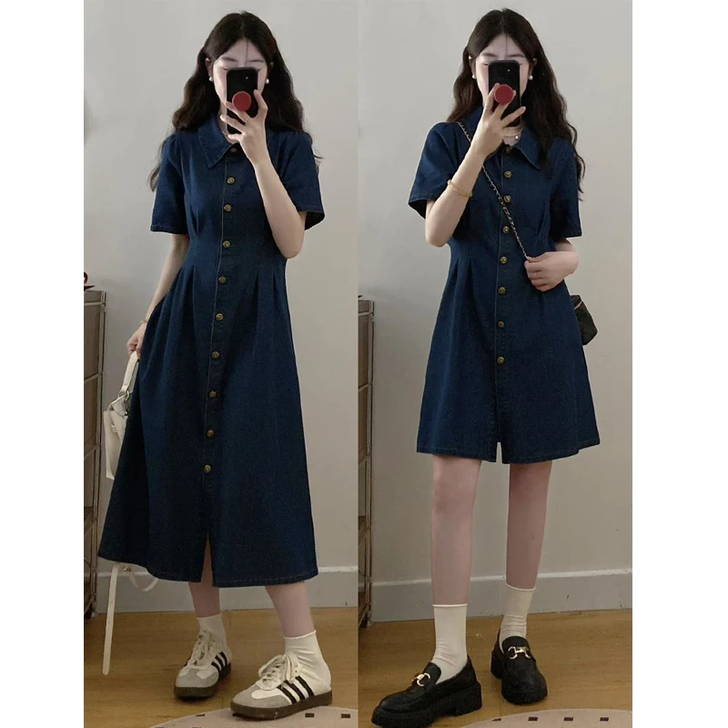 大码女装胖mm夏季新款复古牛仔排扣捏褶收腰显瘦连衣裙洋气小裙子
