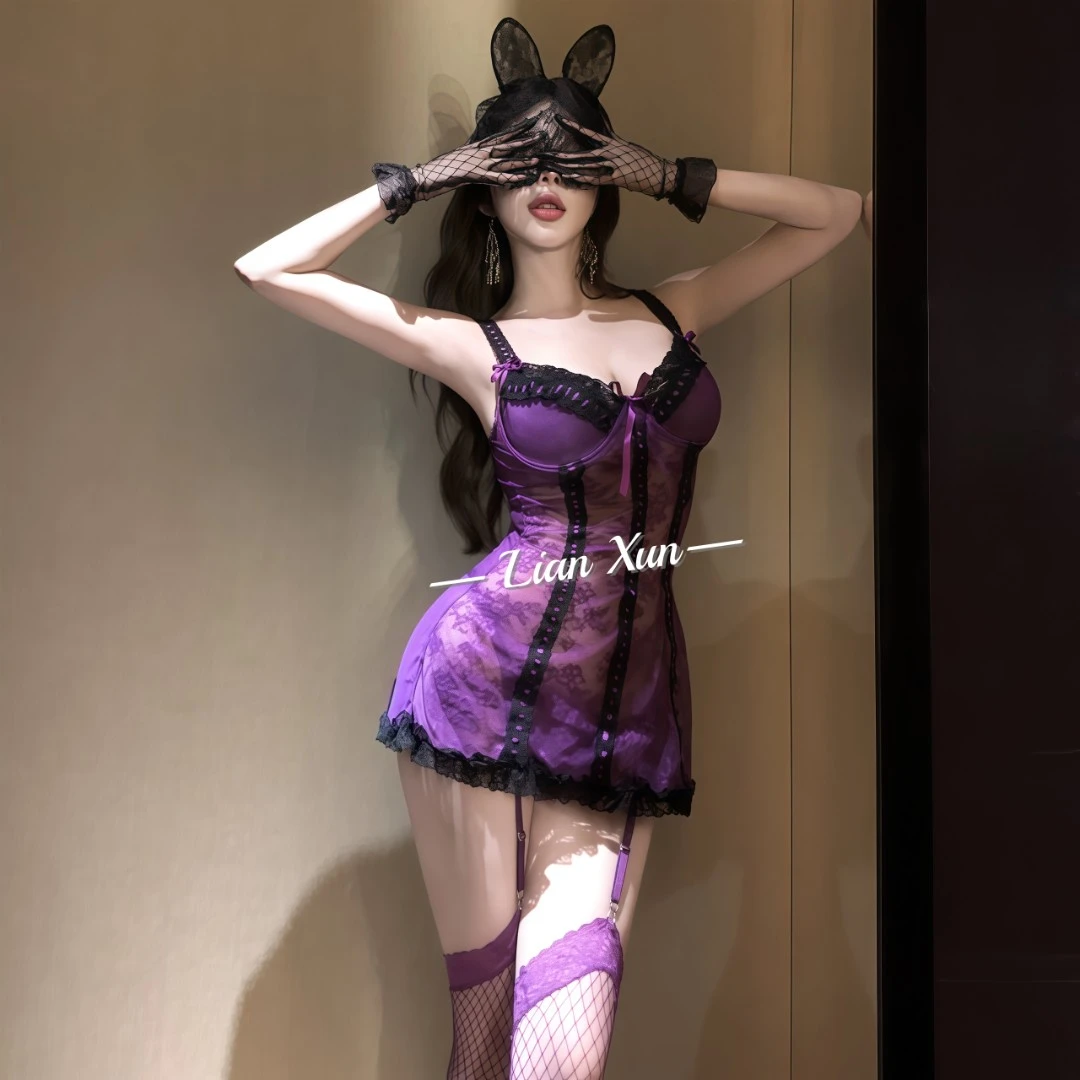 「LX」性感紫色显瘦蕾丝纯欲风吊带睡裙大码薄款夏季女款修身睡衣