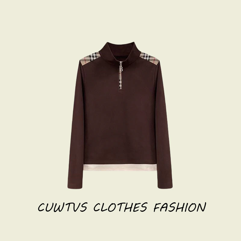 秋季新款德绒打底衫女半拉链格子拼接设计感长袖气质立领显瘦上衣