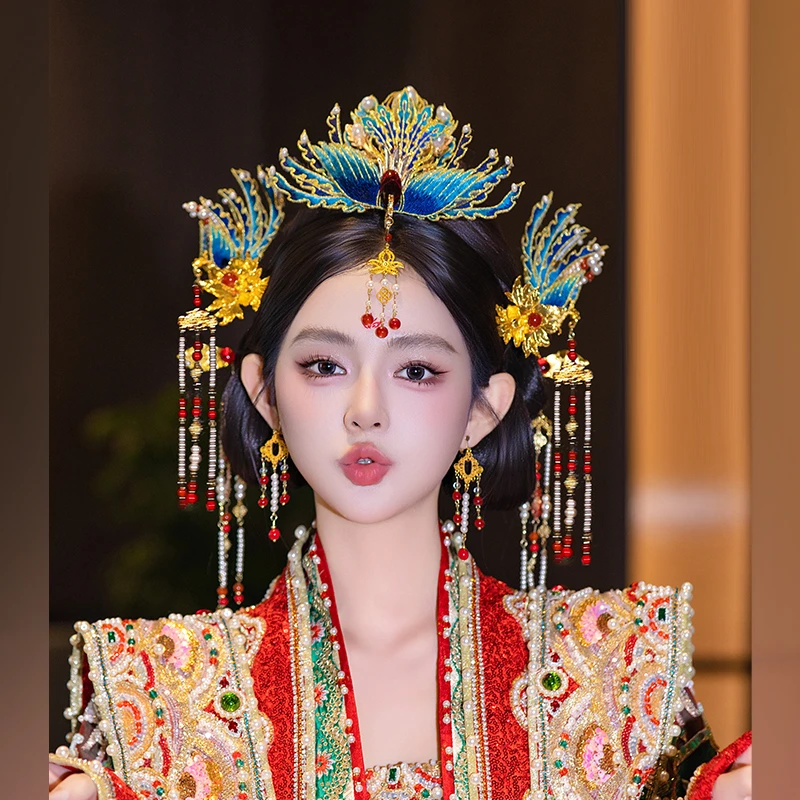 合金婚庆饰品 新娘中式国风重工头饰汉服婚礼蓝色凤凰发饰品D0629