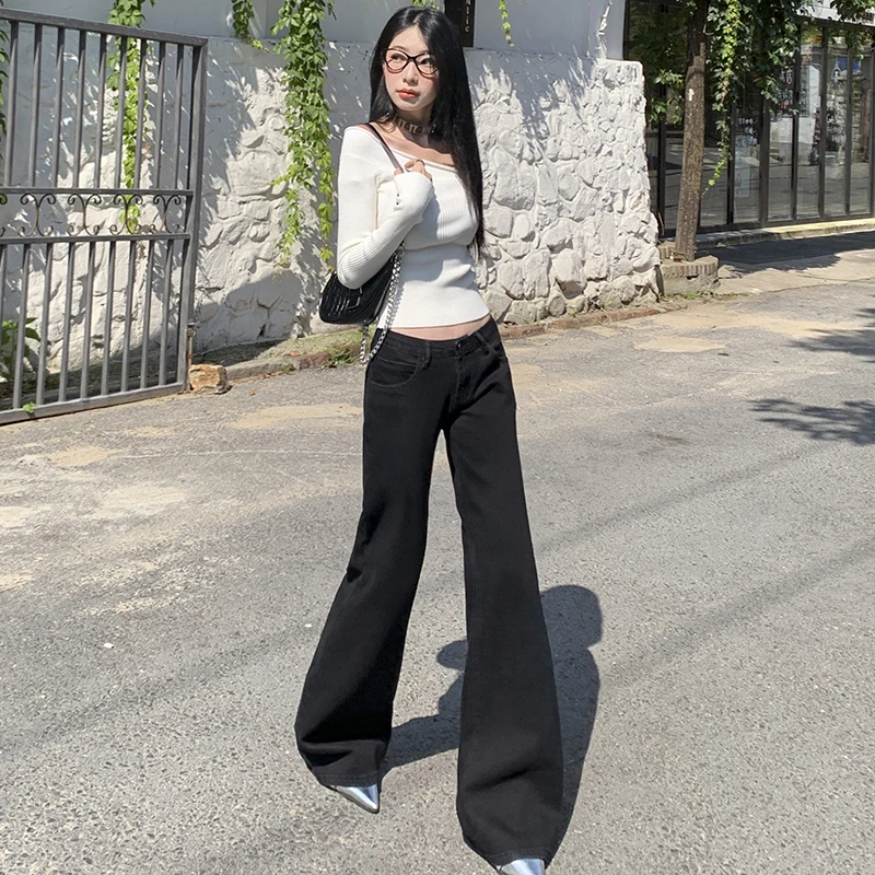 美式辣妹黑色修饰腿型显瘦水洗微喇拖地牛仔裤丨低腰丨长裤+加长