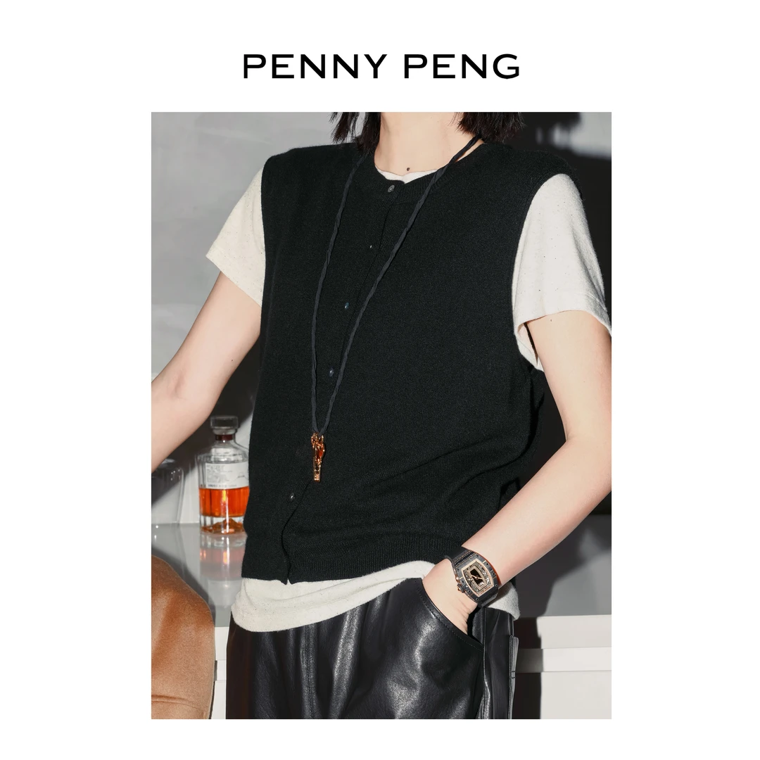PENNYPENG温柔秘境黑标系列圆领舒适清冷松弛感无袖马夹羊绒马甲