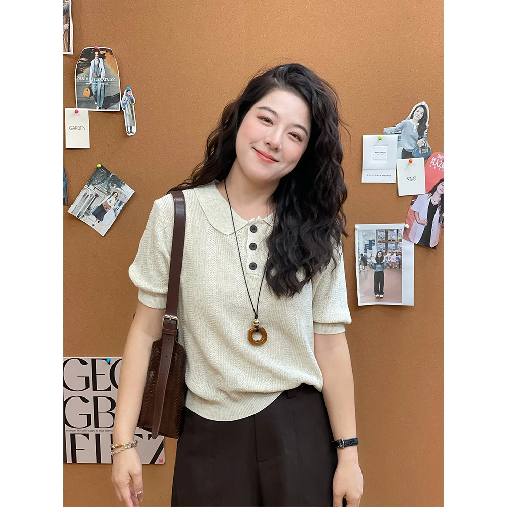 WenWen小个子韩版2025新款气质百搭POLO领针织套头显瘦上衣4222