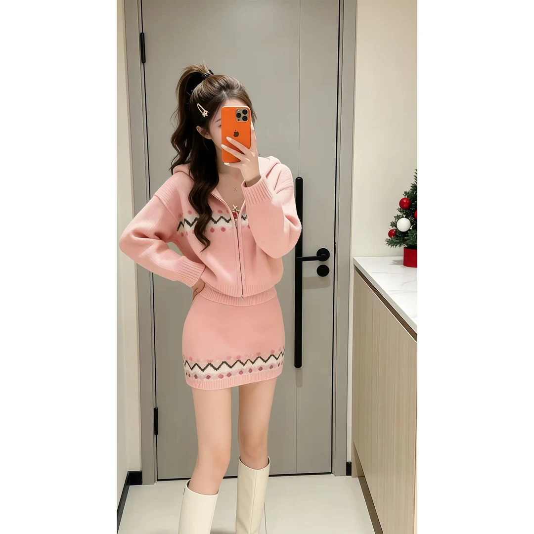 粉色提花毛衣套装女2025新款冬季穿搭针织上衣半身裙包臀裙两件套