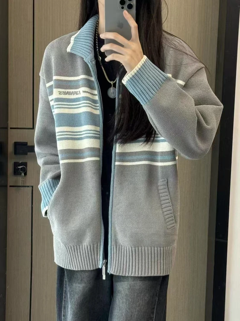 春秋新款拼接撞色翻领百搭针织开衫男女宽松氛围感情侣毛衣外套潮