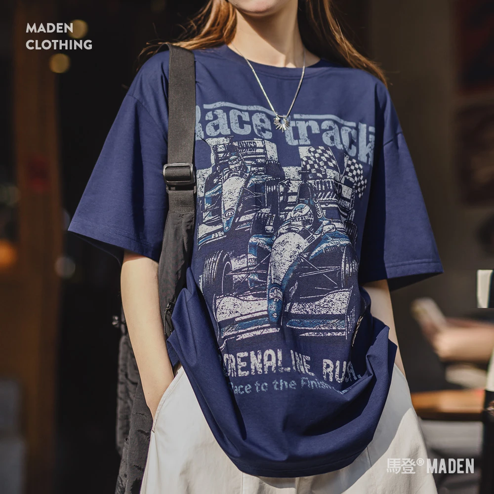 马登美式插画做旧高街短袖t恤复古落肩设计感小众针织棉半袖夏女