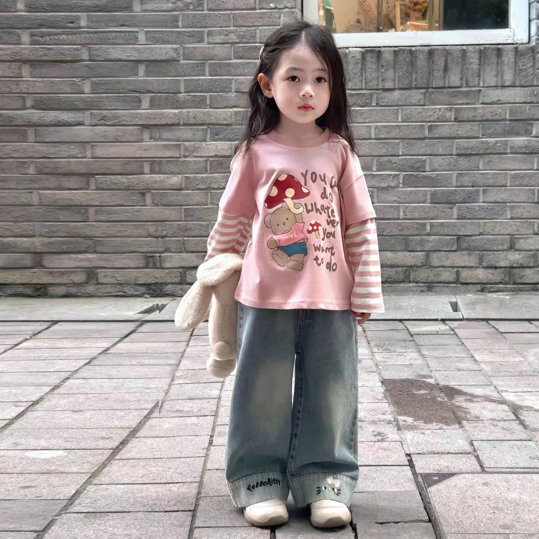 女童长袖t恤2025春秋季新款小童宝宝卡通印花纯棉假两件条纹上衣T