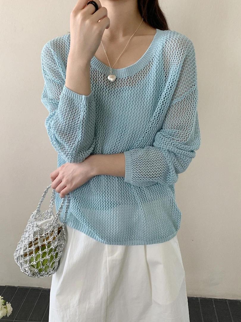 【潘潘.508821】2025年夏季新款两件套星点亚麻镂空套头针织衫