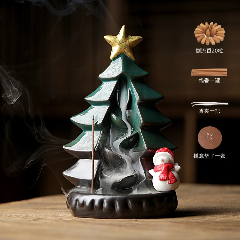 跨境欧美圣诞树香炉圣诞节雪人倒流香炉蓝色釉陶瓷摆件檀香香薰炉