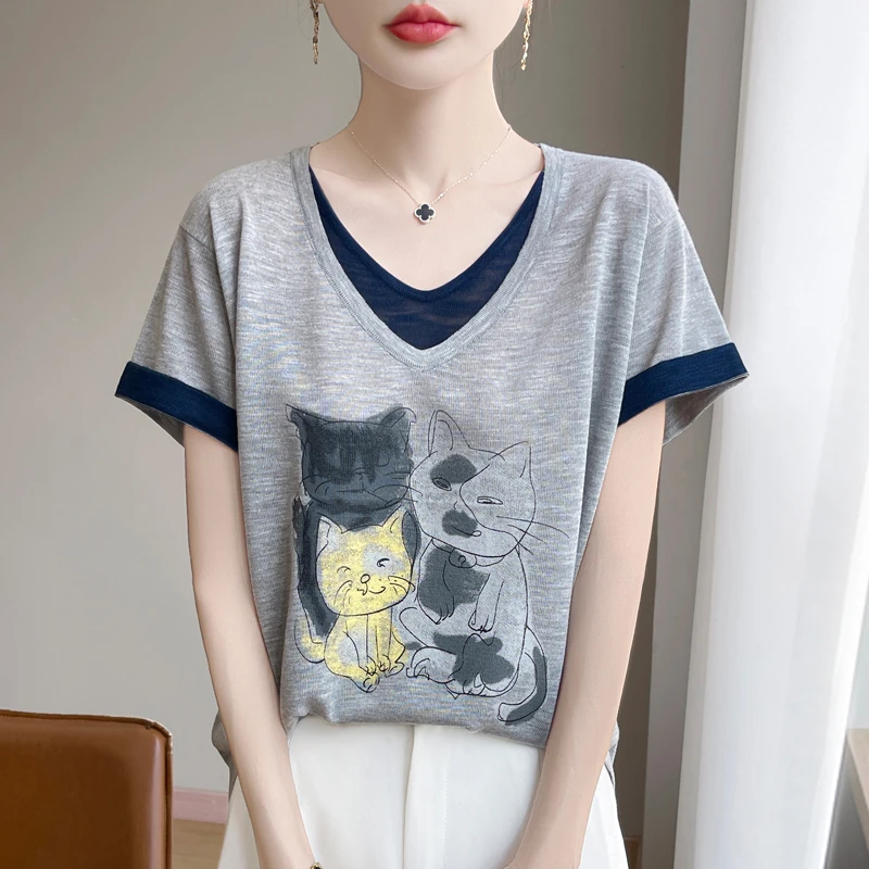 夏季竹节麻双V领猫咪印花针织短袖女假两件T恤半袖洋气百搭上衣薄