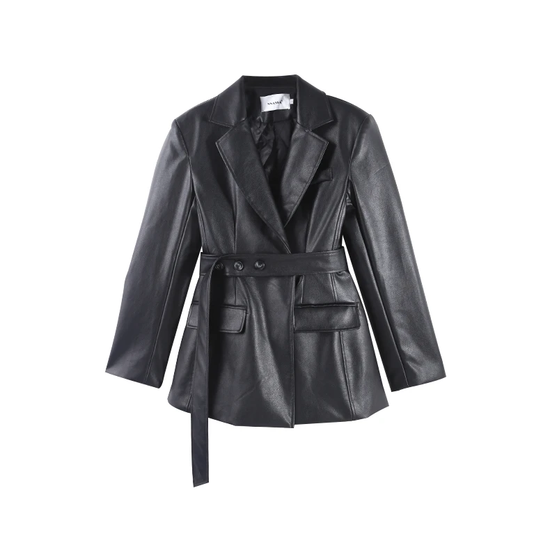 「京京」冬女装高级感设计款酷雅风黑色皮革西装短外套HBZX710067