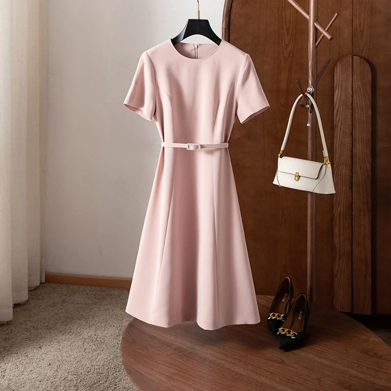 高端面料简约连衣裙女2025夏季新款圆领法式收腰a字缎面纯色裙子