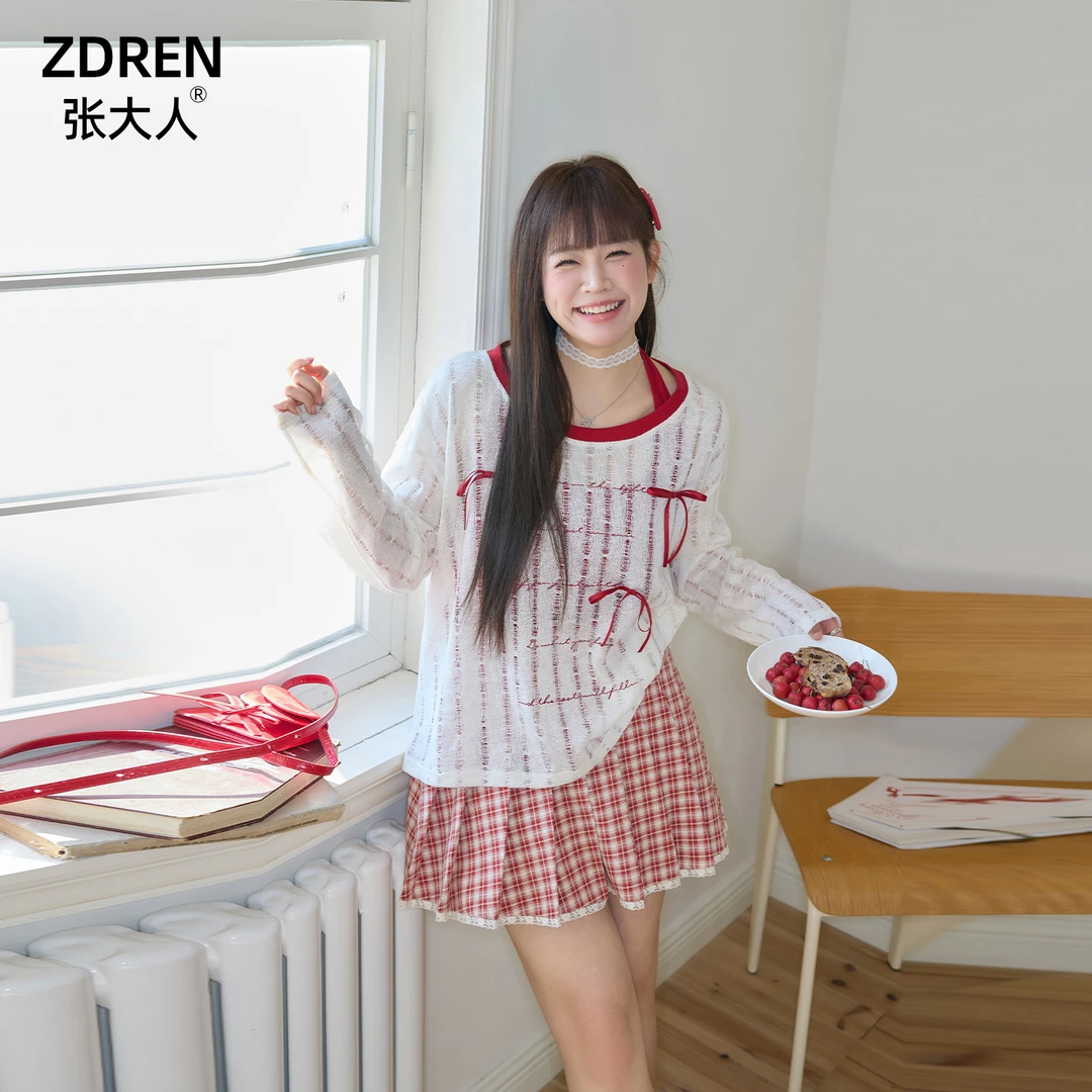 张大人【春日幻想】大码女装微胖妹妹甜美镂空针织罩衫格纹半裙套装