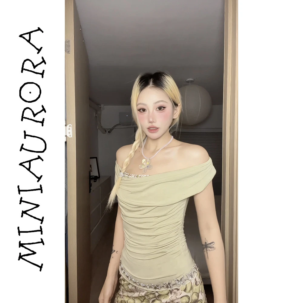 绿色一字肩荡领上衣女夏显瘦T恤修身 假两件百搭设计感褶皱不规则