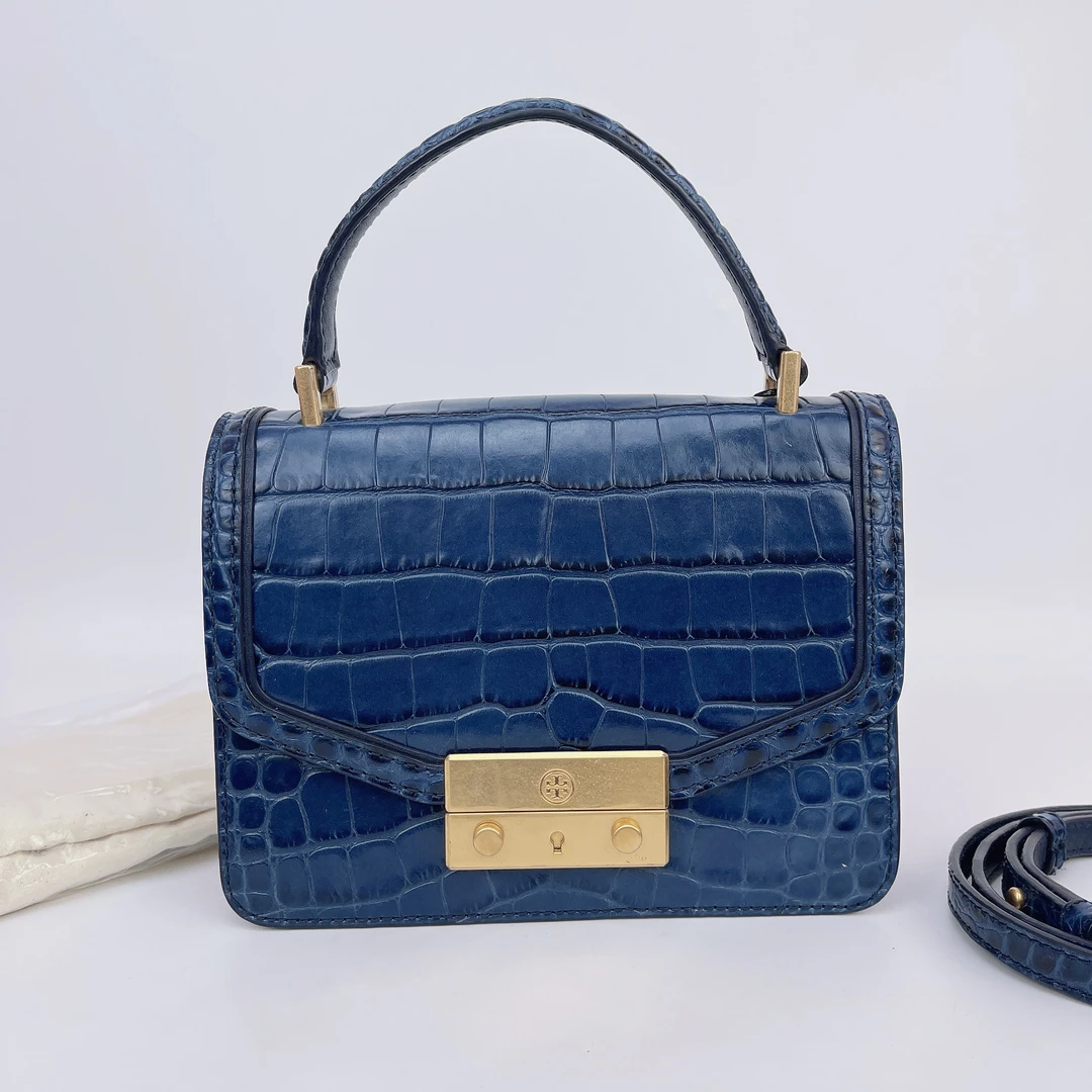 95新 TORY BURCH/汤丽柏琦 汤丽柏琦深蓝色鳄鱼纹单肩包底20 N169