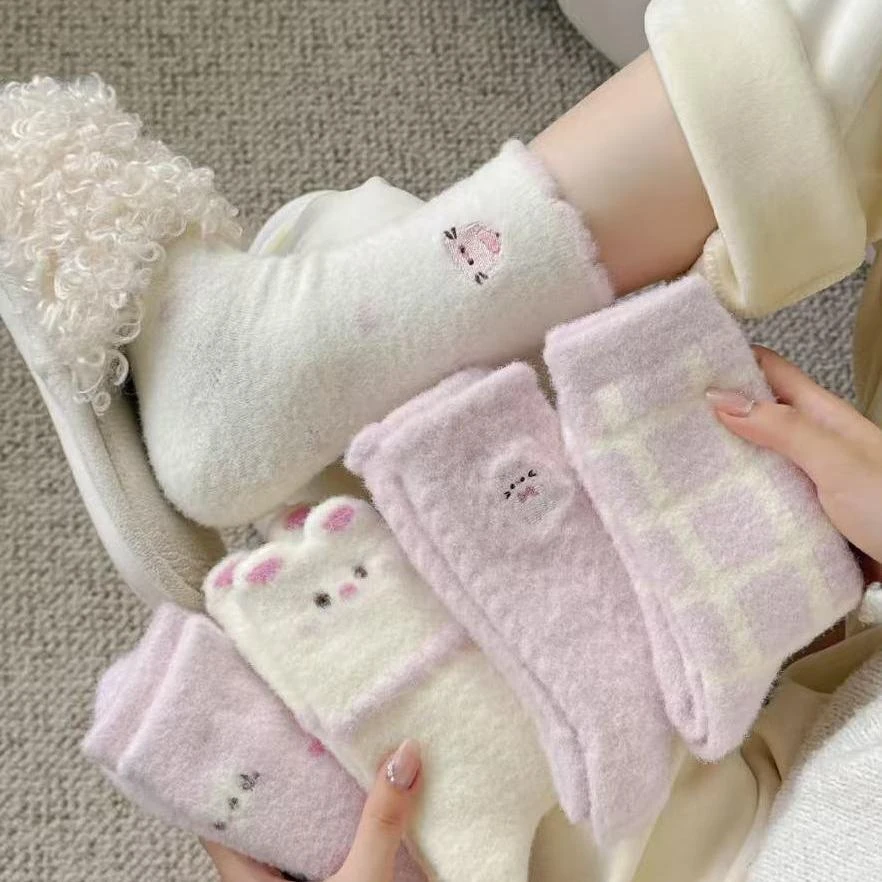 【五双】粉紫色猫咪仿貂绒袜女秋冬加厚可爱提花中筒袜保暖睡眠袜yw